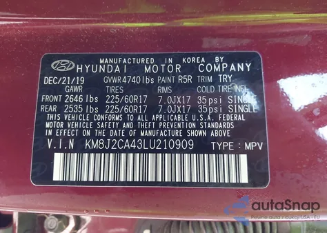 2020 Hyundai Tucson Se z USA, uszkodzony, nr VIN KM8J2CA43LU210909